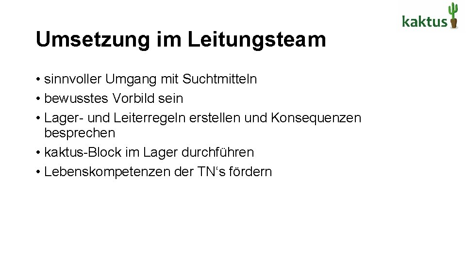 Umsetzung im Leitungsteam • sinnvoller Umgang mit Suchtmitteln • bewusstes Vorbild sein • Lager-