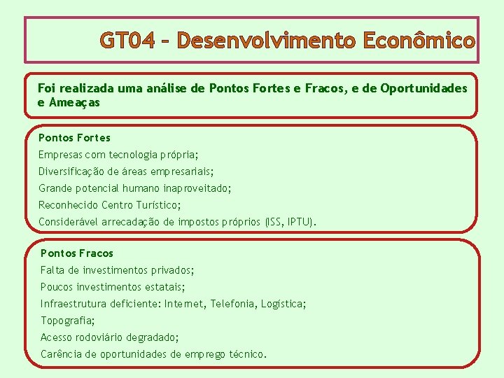 GT 04 – Desenvolvimento Econômico Foi realizada uma análise de Pontos Fortes e Fracos,