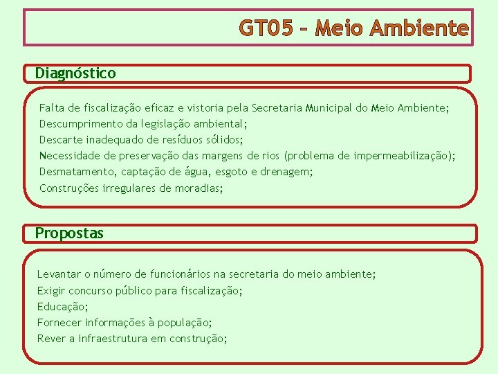 GT 05 – Meio Ambiente Diagnóstico Falta de fiscalização eficaz e vistoria pela Secretaria