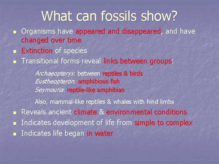 What can fossils show? n n n Organisms have appeared and disappeared, and have