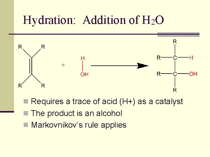 Hydration: Addition of H 2 O n Requires a trace of acid (H+) as