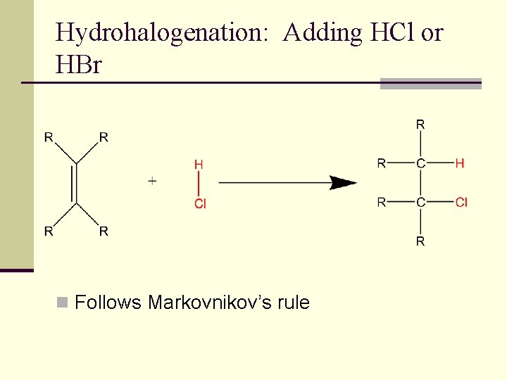 Hydrohalogenation: Adding HCl or HBr n Follows Markovnikov’s rule 