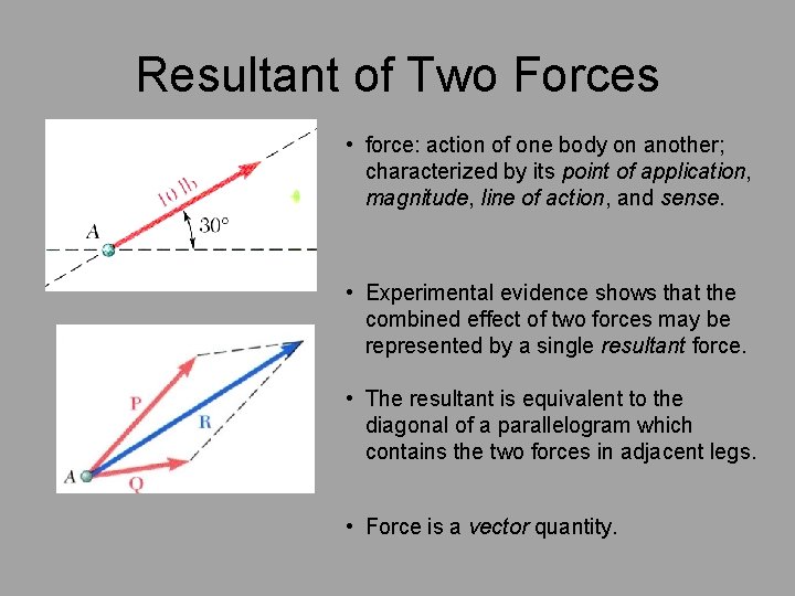 Resultant of Two Forces • force: action of one body on another; characterized by