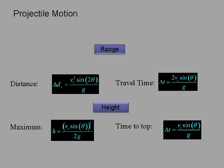 Projectile Motion Range Distance: Travel Time: Height Maximum: Time to top: 