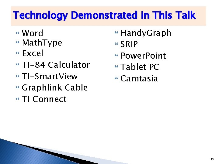 Technology Demonstrated in This Talk Word Math. Type Excel TI-84 Calculator TI-Smart. View Graphlink