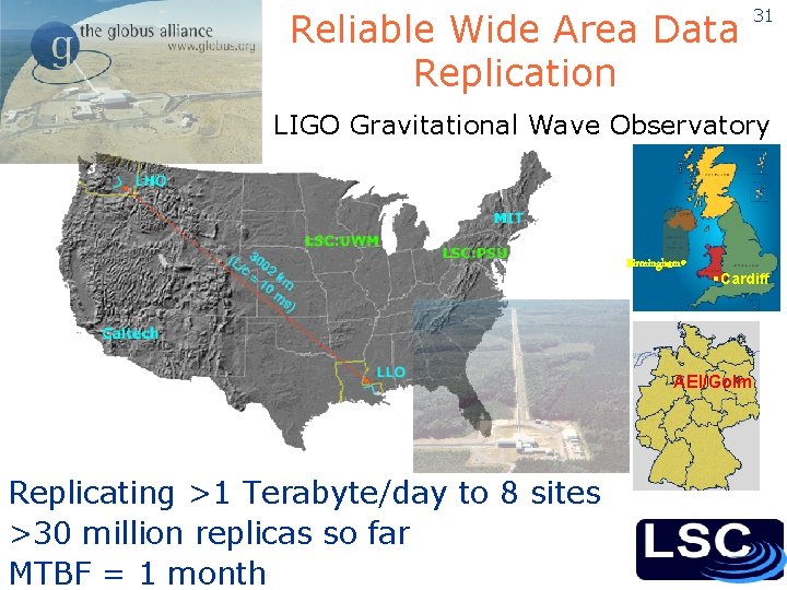 Reliable Wide Area Data Replication 31 LIGO Gravitational Wave Observatory Birmingham • §Cardiff AEI/Golm
