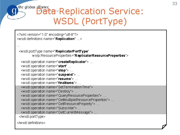 Data Replication Service: WSDL (Port. Type) <? xml version=“ 1. 0” encoding=“utf-8”? > <wsdl: