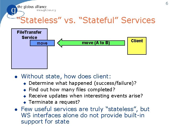 6 “Stateless” vs. “Stateful” Services File. Transfer Service move l Client Without state, how