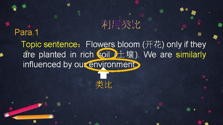 利用类比 Para. 1 Topic sentence：Flowers bloom (开花) only if they are planted in rich