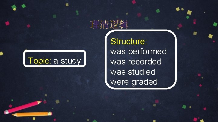 理清逻辑 Topic: a study Structure: was performed was recorded was studied were graded 