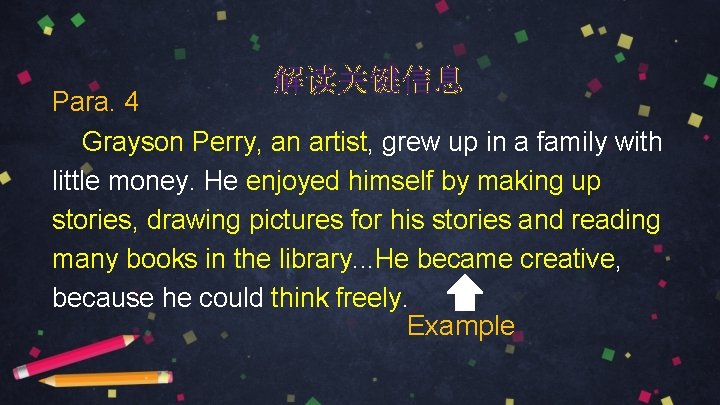 解读关键信息 Para. 4 Grayson Perry, an artist, grew up in a family with little