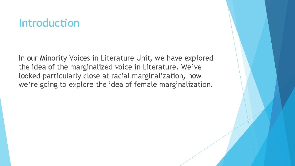 Introduction In our Minority Voices in Literature Unit, we have explored the idea of