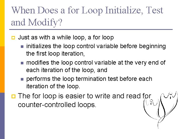 When Does a for Loop Initialize, Test and Modify? p Just as with a