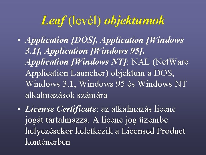 Leaf (levél) objektumok • Application [DOS], Application [Windows 3. 1], Application [Windows 95], Application