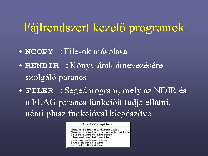 Fájlrendszert kezelő programok • NCOPY : File-ok másolása • RENDIR : Könyvtárak átnevezésére szolgáló