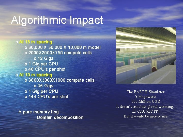 Algorithmic Impact o At 15 m spacing: o 30, 000 X 10, 000 m