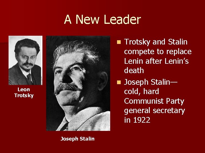 A New Leader Trotsky and Stalin compete to replace Lenin after Lenin’s death n