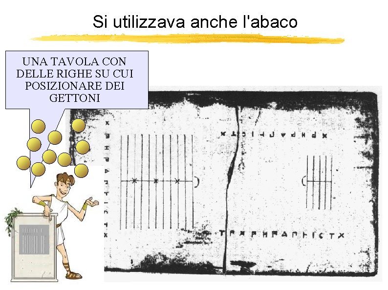 Si utilizzava anche l'abaco UNA TAVOLA CON DELLE RIGHE SU CUI POSIZIONARE DEI GETTONI