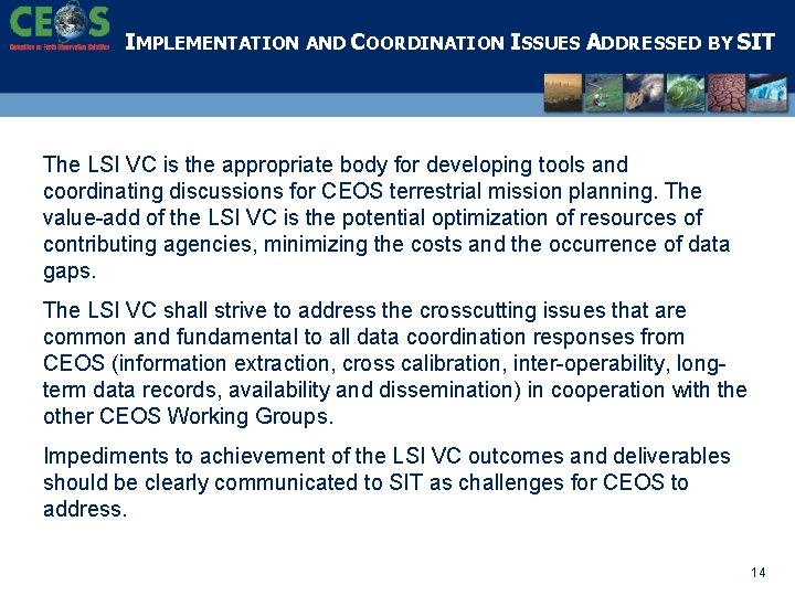 IMPLEMENTATION AND COORDINATION ISSUES ADDRESSED BY SIT The LSI VC is the appropriate body