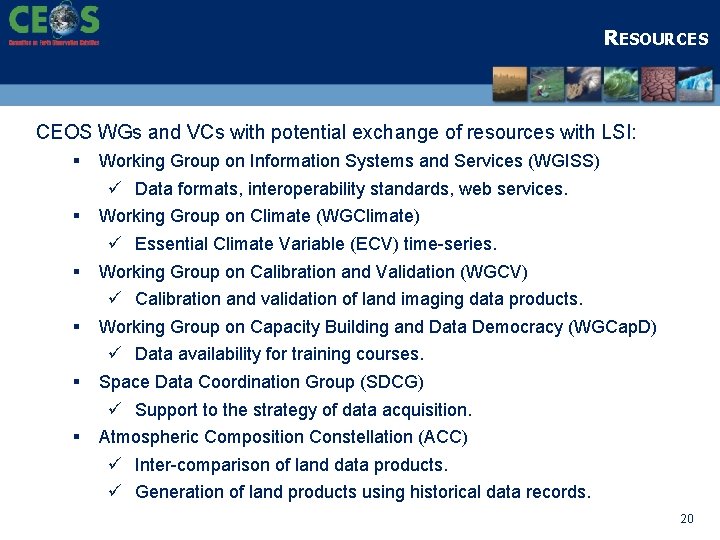 RESOURCES CEOS WGs and VCs with potential exchange of resources with LSI: § §