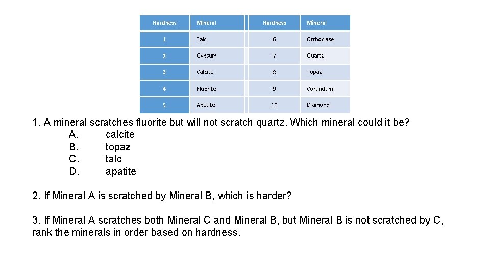 Hardness Mineral 1 Talc 6 Orthoclase 2 Gypsum 7 Quartz 3 Calcite 8 Topaz