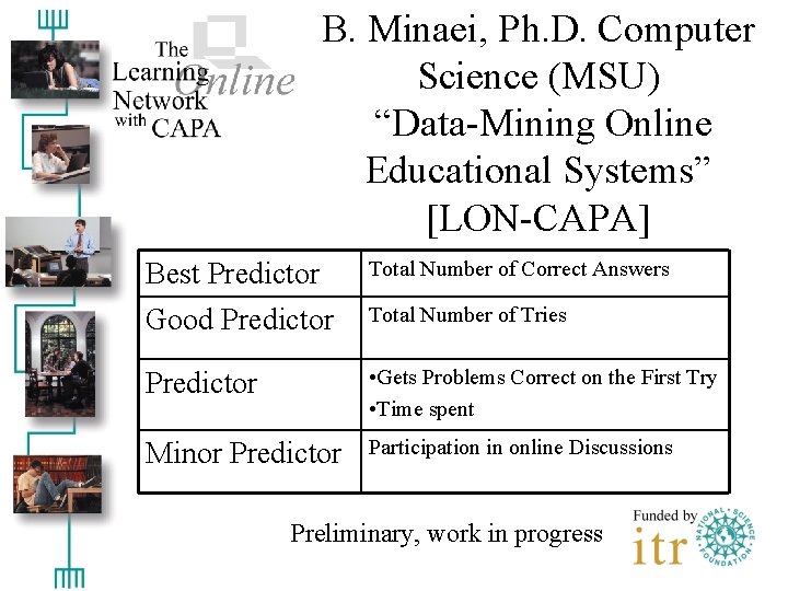 B. Minaei, Ph. D. Computer Science (MSU) “Data-Mining Online Educational Systems” [LON-CAPA] Best Predictor