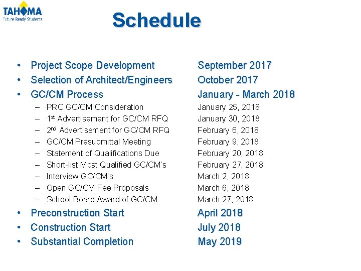 Schedule • Project Scope Development • Selection of Architect/Engineers • GC/CM Process – – Schedule • Project Scope Development • Selection of Architect/Engineers • GC/CM Process – –