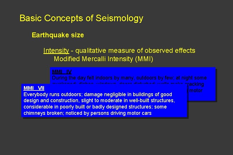 Basic Concepts of Seismology Earthquake size Intensity - qualitative measure of observed effects Modified