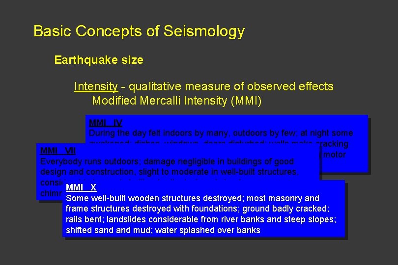 Basic Concepts of Seismology Earthquake size Intensity - qualitative measure of observed effects Modified