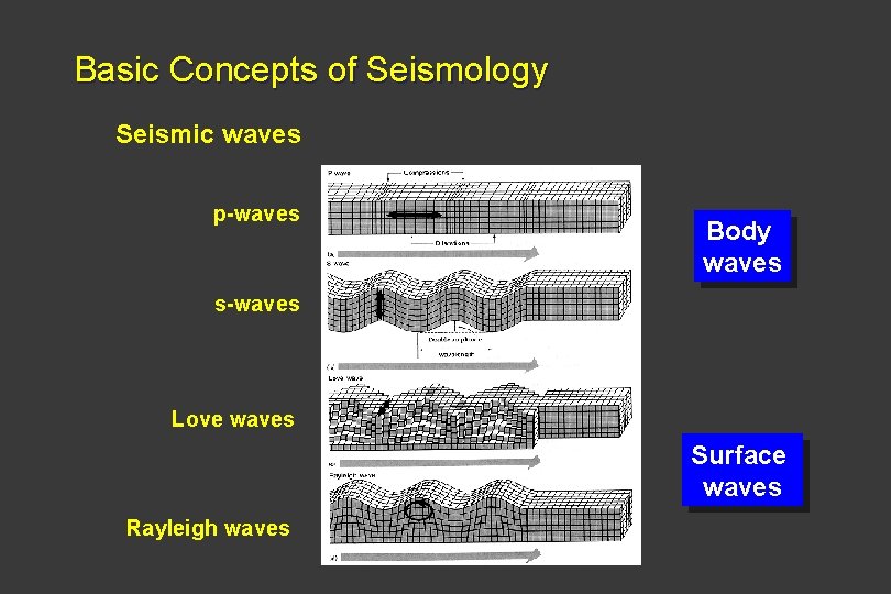 Basic Concepts of Seismology Seismic waves p-waves Body waves s-waves Love waves Surface waves