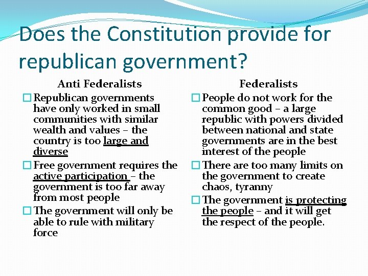 Does the Constitution provide for republican government? Anti Federalists �Republican governments have only worked