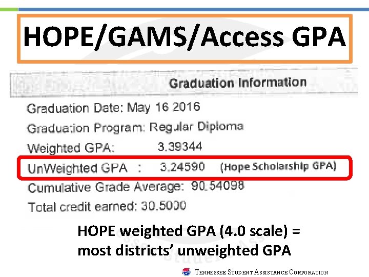 HOPE/GAMS/Access GPA HOPE weighted GPA (4. 0 scale) = most districts’ unweighted GPA TENNESSEE