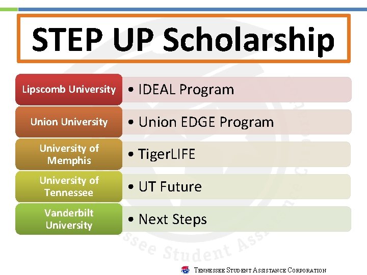 STEP UP Scholarship Lipscomb University Union University • IDEAL Program • Union EDGE Program
