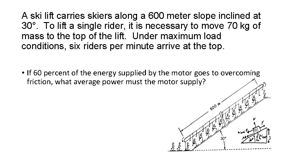 A ski lift carries skiers along a 600 meter slope inclined at 30°. To