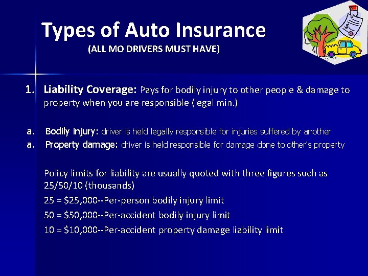 Types of Auto Insurance (ALL MO DRIVERS MUST HAVE) 1. Liability Coverage: Pays for Types of Auto Insurance (ALL MO DRIVERS MUST HAVE) 1. Liability Coverage: Pays for