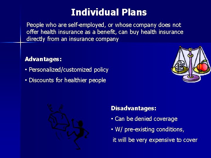 Individual Plans Health Insurance: The Basics People who are self-employed, or whose company does Individual Plans Health Insurance: The Basics People who are self-employed, or whose company does