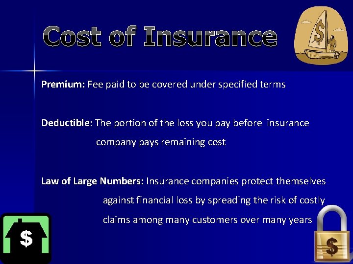 Cost of Insurance Premium: Fee paid to be covered under specified terms Deductible: The Cost of Insurance Premium: Fee paid to be covered under specified terms Deductible: The