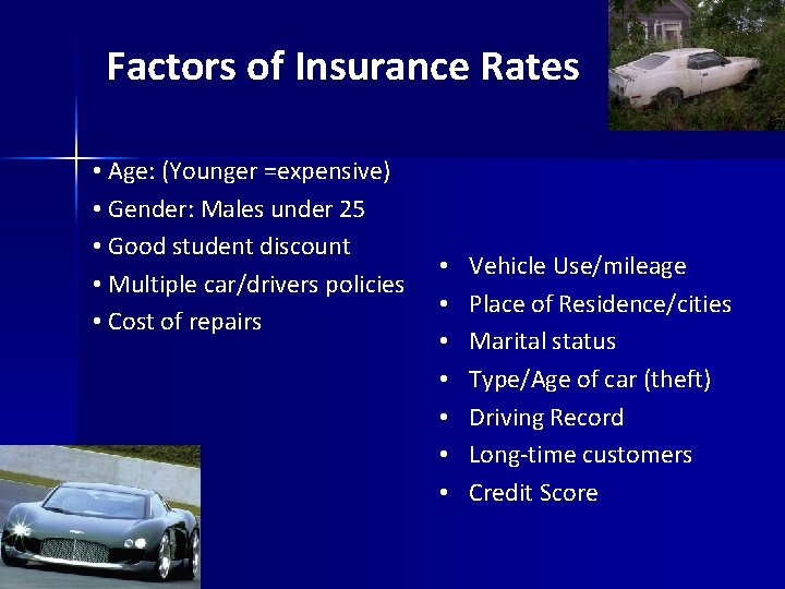 Factors of Insurance Rates • Age: (Younger =expensive) • Gender: Males under 25 • Factors of Insurance Rates • Age: (Younger =expensive) • Gender: Males under 25 •