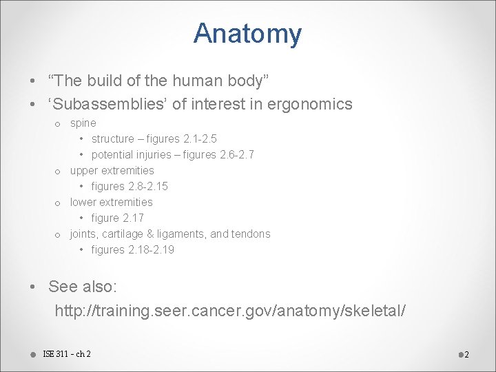 Anatomy • “The build of the human body” • ‘Subassemblies’ of interest in ergonomics