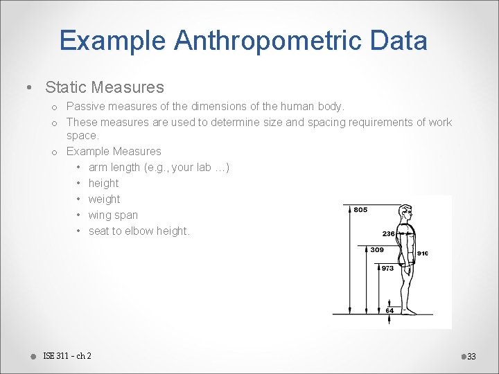 Example Anthropometric Data • Static Measures o Passive measures of the dimensions of the