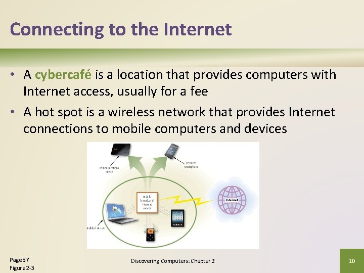 Connecting to the Internet • A cybercafé is a location that provides computers with