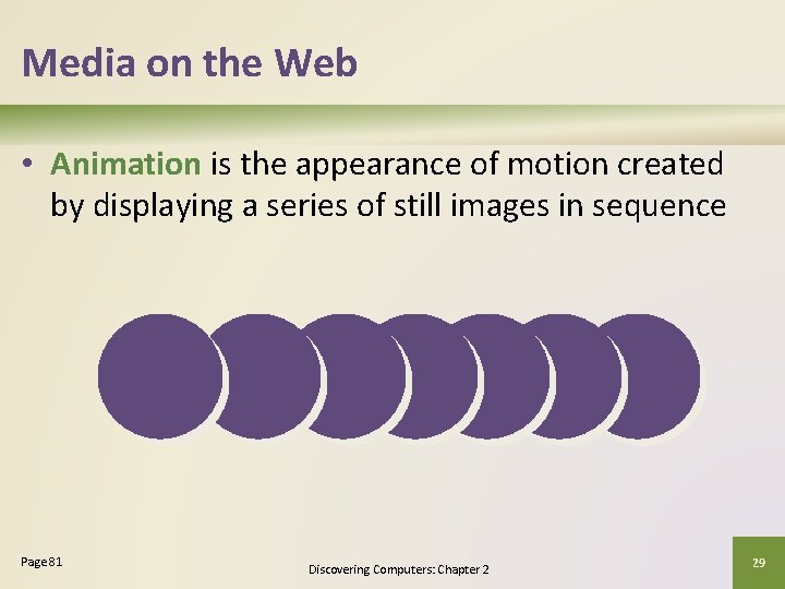 Media on the Web • Animation is the appearance of motion created by displaying