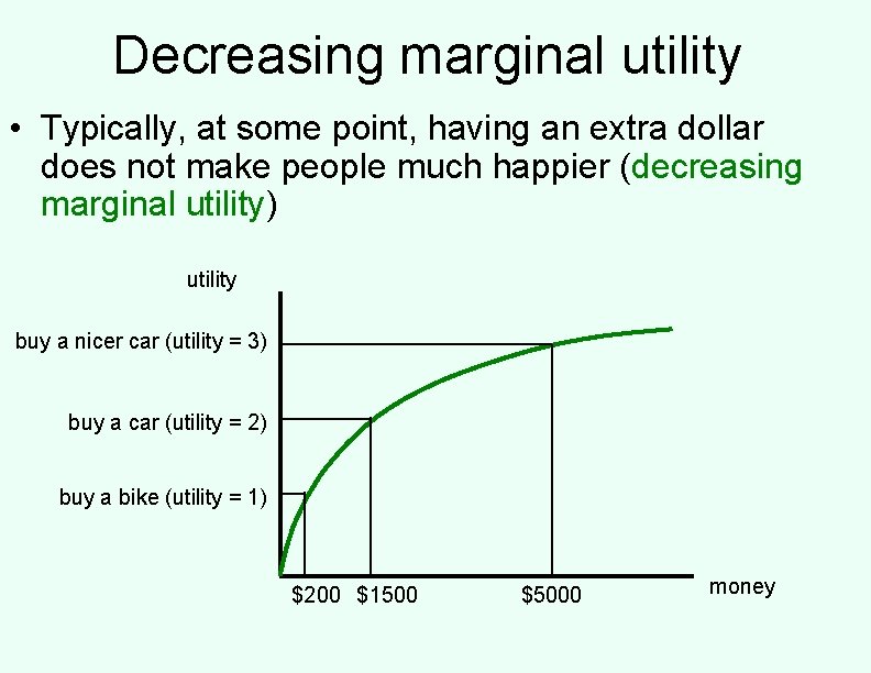 Decreasing marginal utility • Typically, at some point, having an extra dollar does not