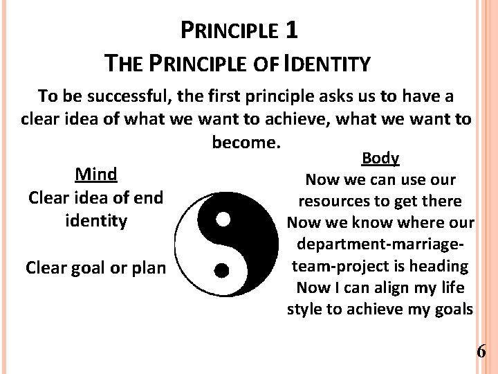 PRINCIPLE 1 THE PRINCIPLE OF IDENTITY To be successful, the first principle asks us