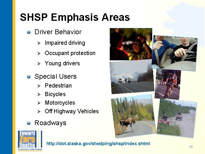 SHSP Emphasis Areas Driver Behavior Ø Impaired driving Ø Occupant protection Ø Young drivers