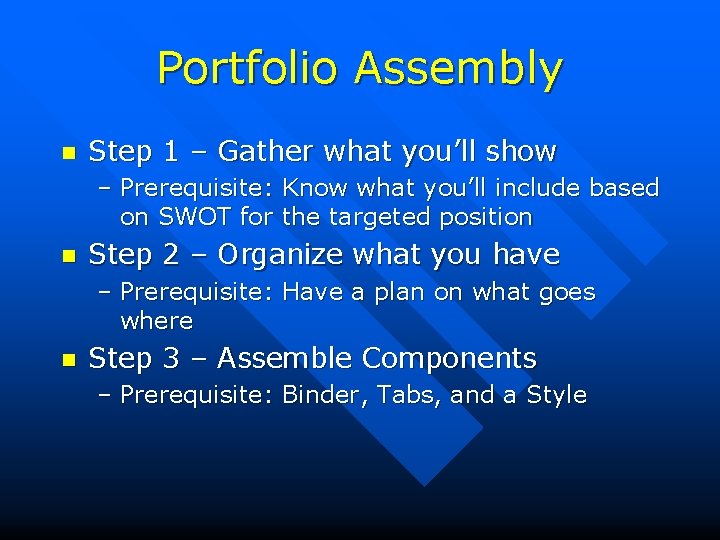 Portfolio Assembly n Step 1 – Gather what you’ll show – Prerequisite: Know what