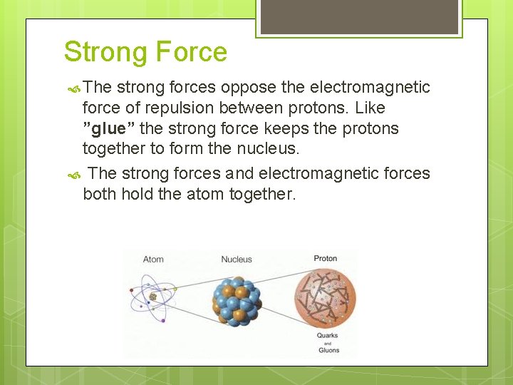 Strong Force The strong forces oppose the electromagnetic force of repulsion between protons. Like Strong Force The strong forces oppose the electromagnetic force of repulsion between protons. Like
