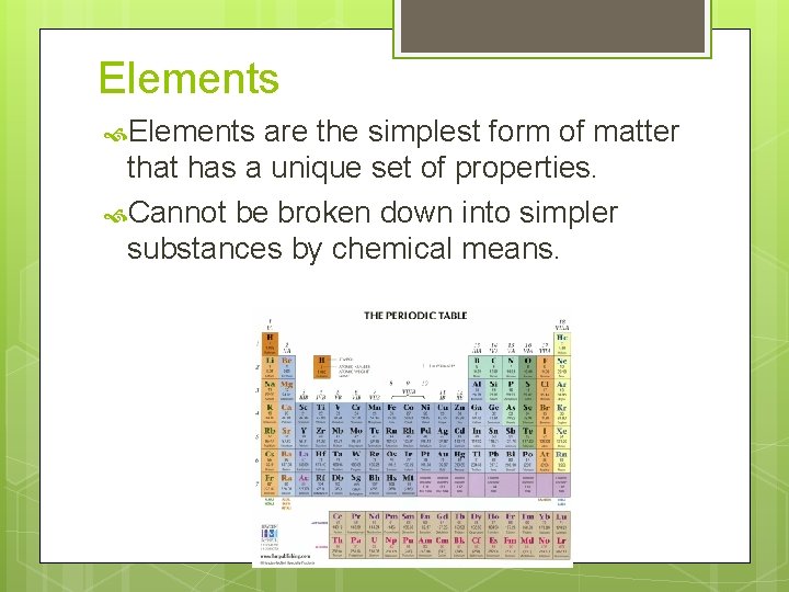 Elements are the simplest form of matter that has a unique set of properties. Elements are the simplest form of matter that has a unique set of properties.