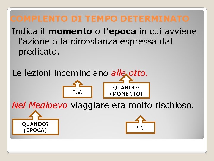 COMPLENTO DI TEMPO DETERMINATO Indica il momento o l’epoca in cui avviene l’azione o