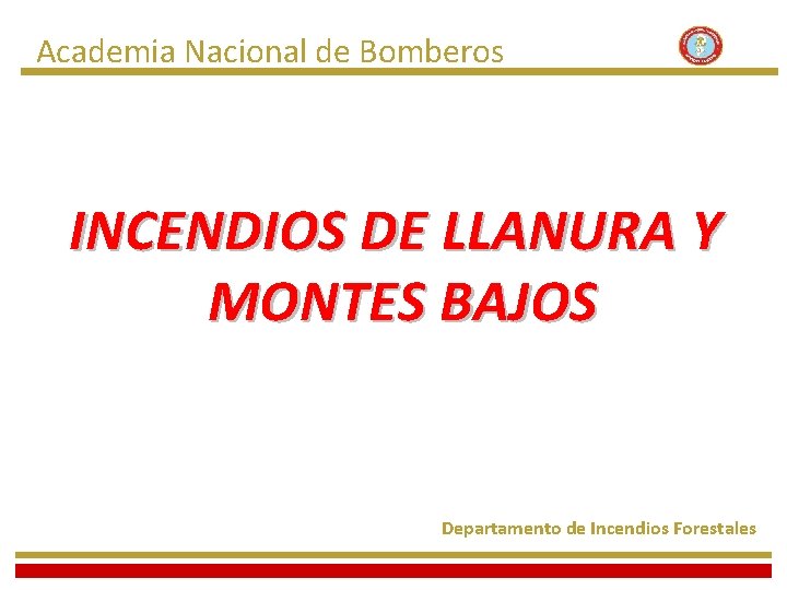 Academia Nacional de Bomberos INCENDIOS DE LLANURA Y MONTES BAJOS Departamento de Incendios Forestales